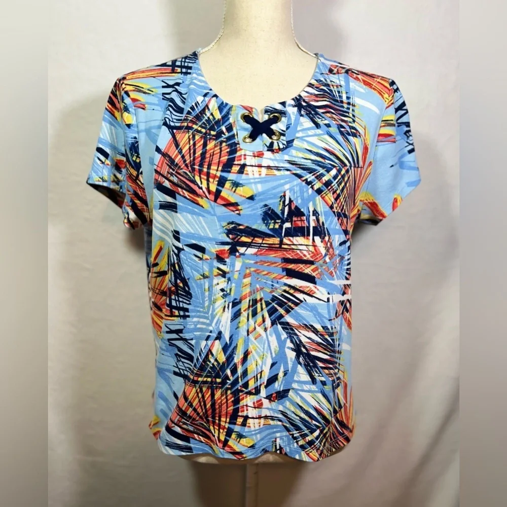 Rafaella Short Sleeve Top Size Petite Large Blue and Orange Graphic Design